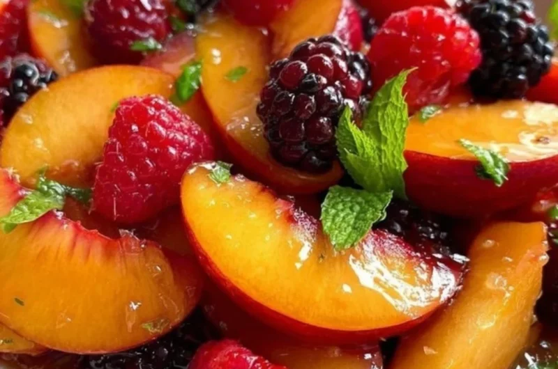 Summer peach salad with fresh fruits and greens