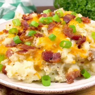 Delicious twice baked potato casserole topped with cheese and herbs