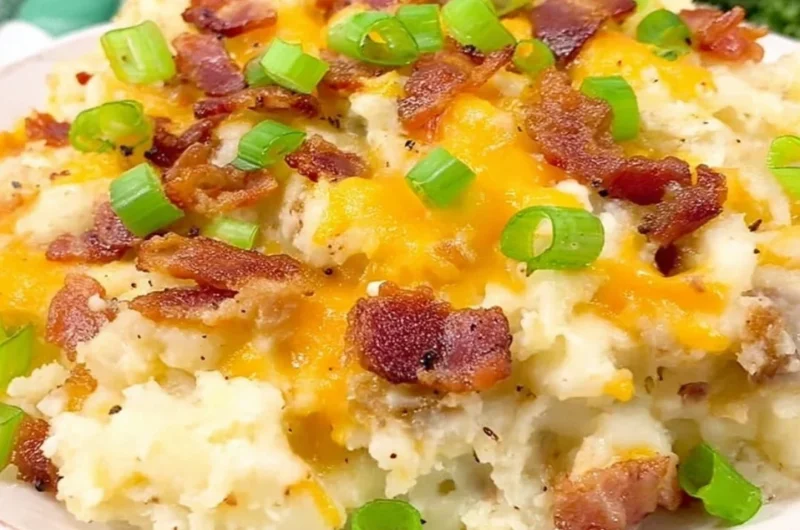 Delicious twice baked potato casserole topped with cheese and herbs