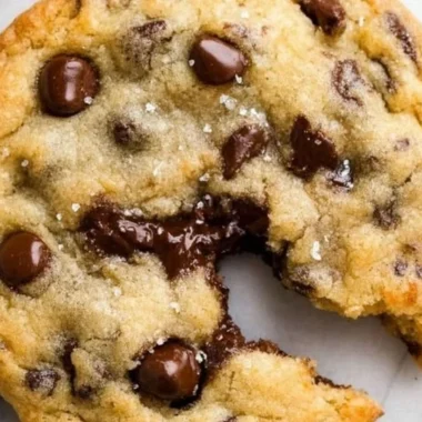 Ultra thick bakery style chocolate chip cookies served on a plate