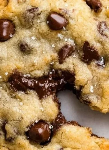 Ultra thick bakery style chocolate chip cookies served on a plate