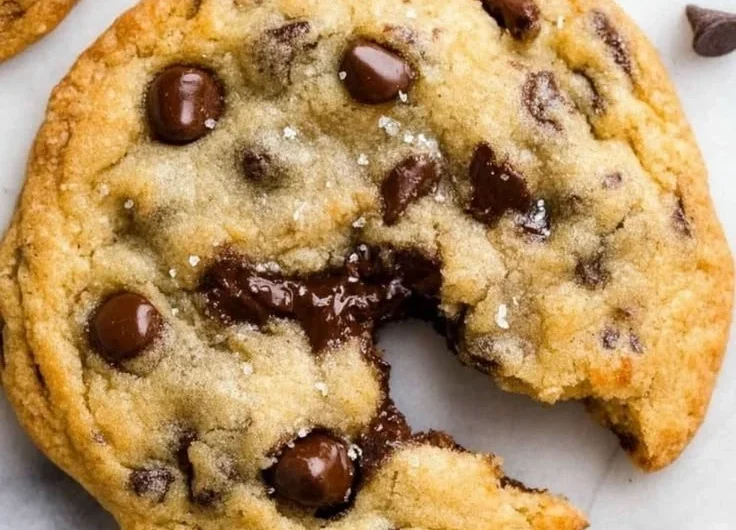 Ultra thick bakery style chocolate chip cookies served on a plate