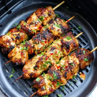 Air Fryer Bang Bang Chicken Skewers served on a plate with dipping sauce