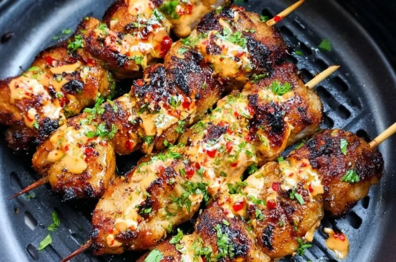 Air Fryer Bang Bang Chicken Skewers served on a plate with dipping sauce