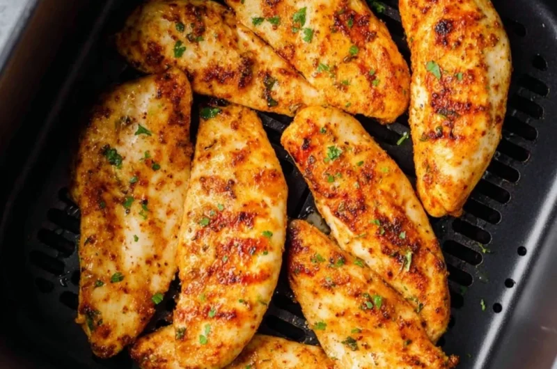 Air fryer chicken tenders without breading served on a plate