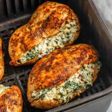 Delicious air fryer stuffed chicken breasts ready to serve.