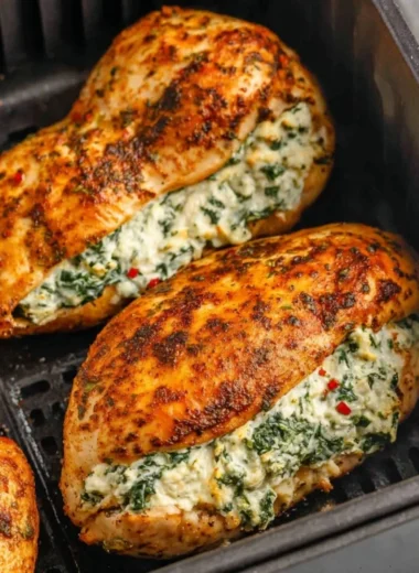 Delicious air fryer stuffed chicken breasts ready to serve.