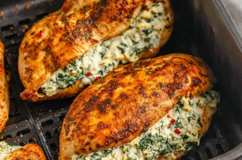 Delicious air fryer stuffed chicken breasts ready to serve.