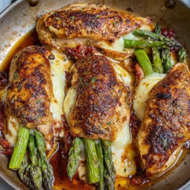 Asparagus stuffed chicken breast served on a plate with herbs and spices