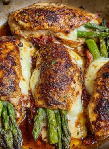 Asparagus stuffed chicken breast served on a plate with herbs and spices