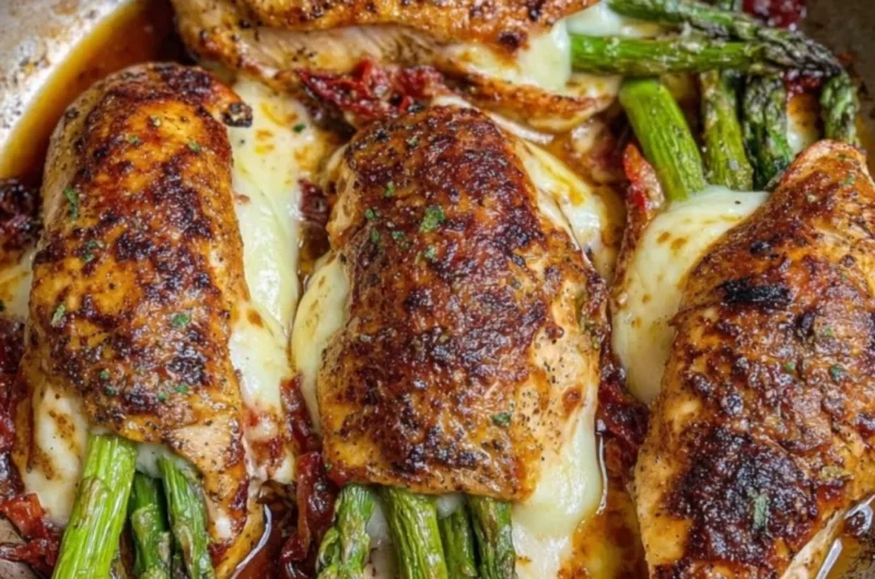 Asparagus stuffed chicken breast served on a plate with herbs and spices