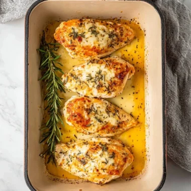 Juicy baked garlic butter chicken plated with herbs and garlic cloves