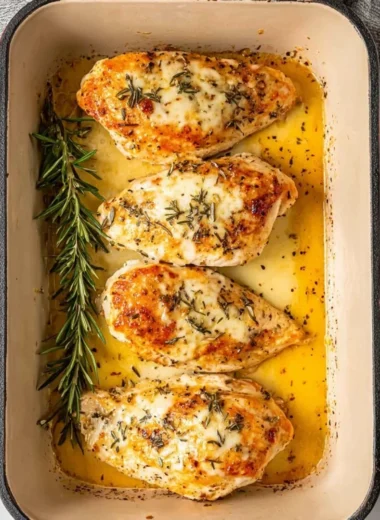 Juicy baked garlic butter chicken plated with herbs and garlic cloves