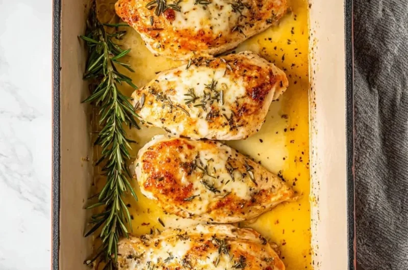 Juicy baked garlic butter chicken plated with herbs and garlic cloves