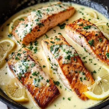 Baked salmon fillet with lemon butter cream sauce on a plate