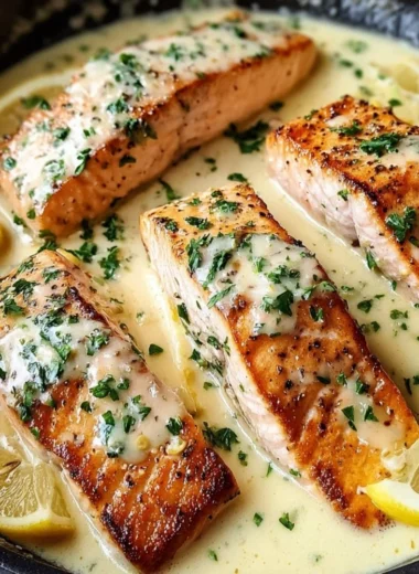 Baked salmon fillet with lemon butter cream sauce on a plate