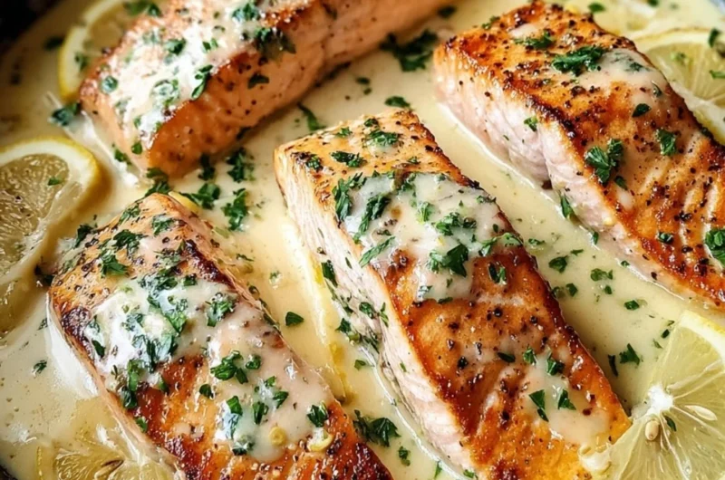 Baked salmon fillet with lemon butter cream sauce on a plate