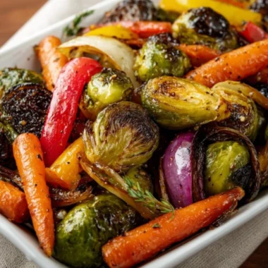 Balsamic glazed roasted vegetables served in a bowl, garnished and colorful.