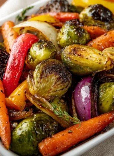 Balsamic glazed roasted vegetables served in a bowl, garnished and colorful.