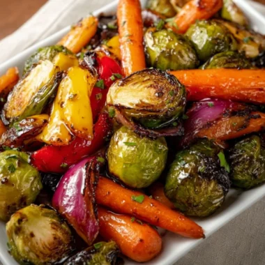 Balsamic glazed roasted vegetables on a plate, showcasing vibrant colors and textures