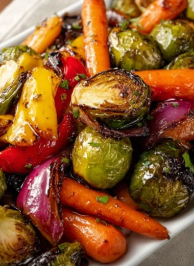 Balsamic glazed roasted vegetables on a plate, showcasing vibrant colors and textures