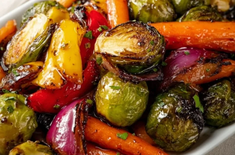 Balsamic glazed roasted vegetables on a plate, showcasing vibrant colors and textures