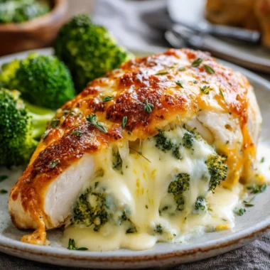 Delicious broccoli cheese stuffed chicken breast on a plate