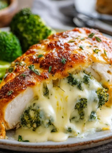 Delicious broccoli cheese stuffed chicken breast on a plate