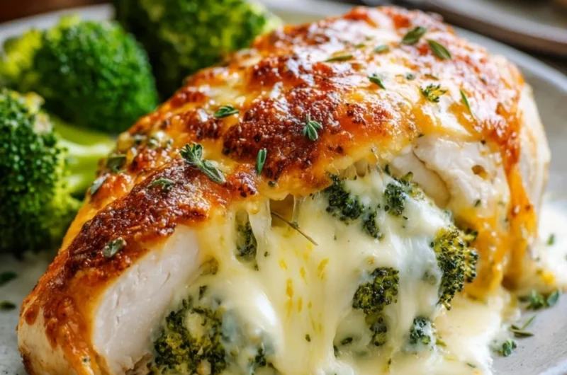 Delicious broccoli cheese stuffed chicken breast on a plate