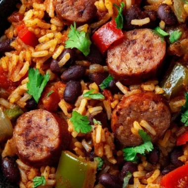 Black beans and rice served with sausage in a colorful dish