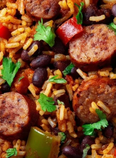 Black beans and rice served with sausage in a colorful dish