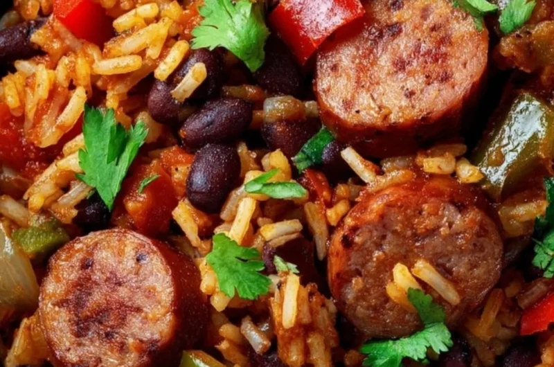 Black beans and rice served with sausage in a colorful dish