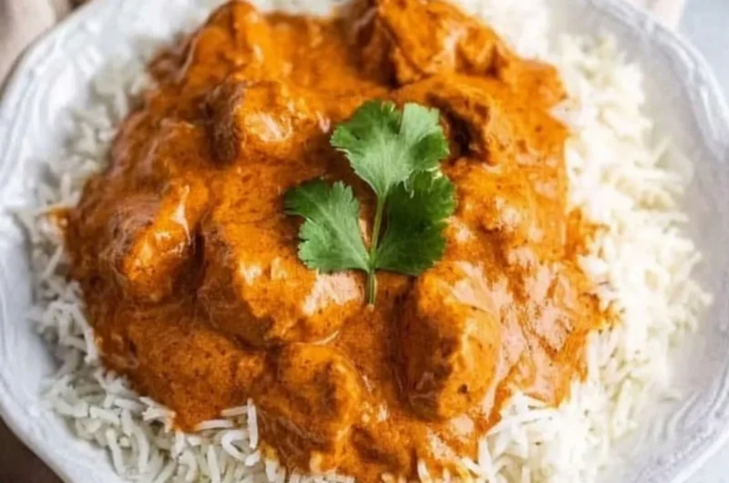 Delicious homemade butter chicken served in a bowl with naan bread.