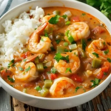 Delicious Cajun Shrimp Etouffee served in a bowl with rice and herbs