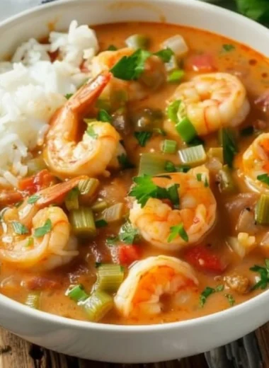 Delicious Cajun Shrimp Etouffee served in a bowl with rice and herbs