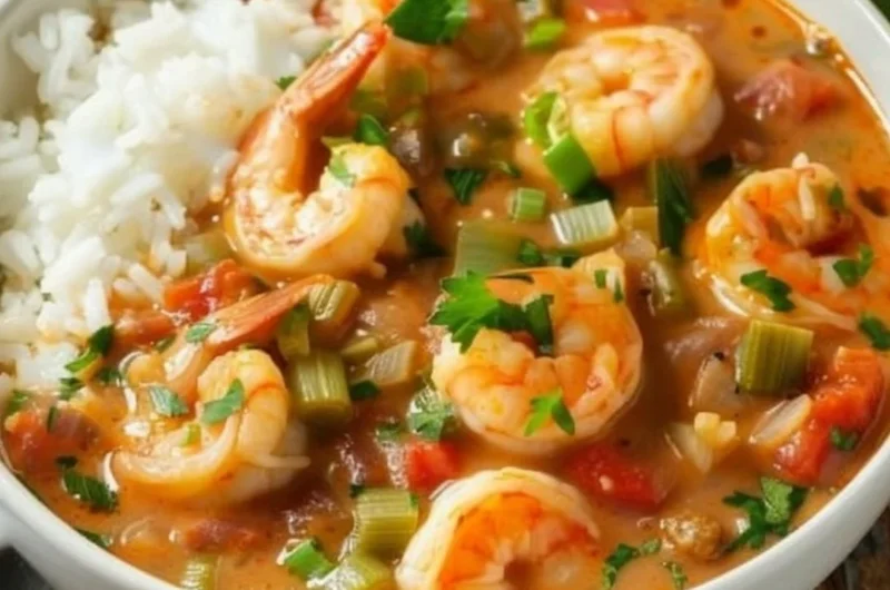 Delicious Cajun Shrimp Etouffee served in a bowl with rice and herbs