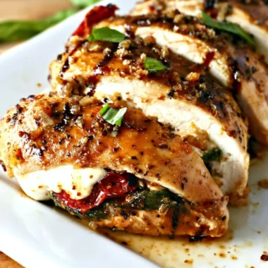 Caprese Stuffed Chicken topped with balsamic glaze on a white plate