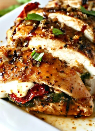 Caprese Stuffed Chicken topped with balsamic glaze on a white plate