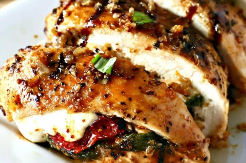 Caprese Stuffed Chicken topped with balsamic glaze on a white plate