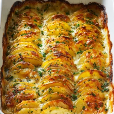 Delicious cheesy easy scalloped potatoes with golden, creamy layers.