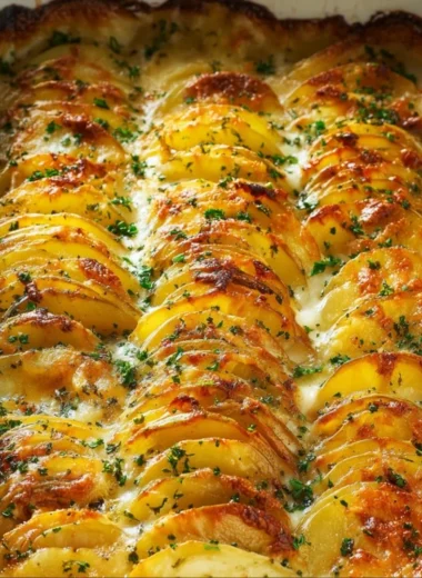 Delicious cheesy easy scalloped potatoes with golden, creamy layers.