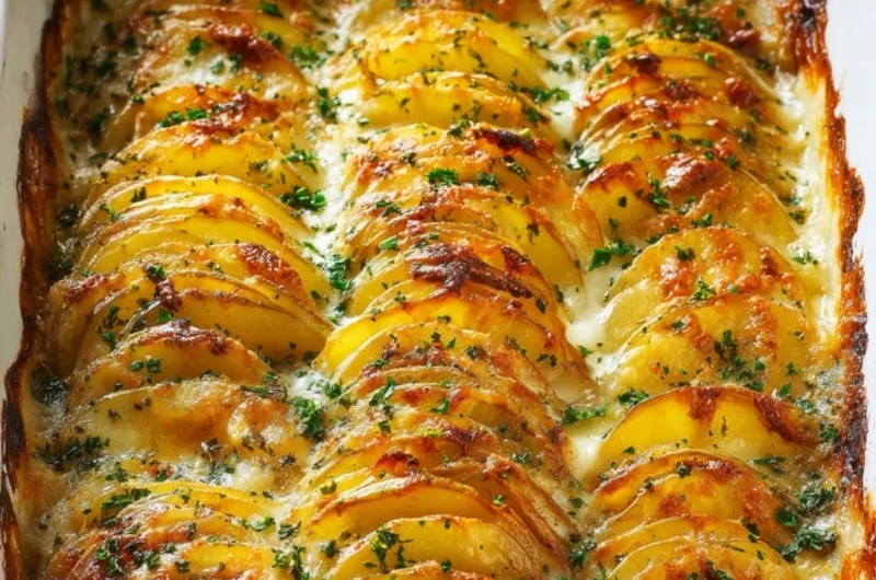 Delicious cheesy easy scalloped potatoes with golden, creamy layers.