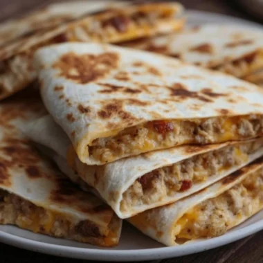 Delicious cheesy ground chicken quesadillas served on a plate with toppings.
