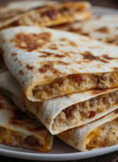 Delicious cheesy ground chicken quesadillas served on a plate with toppings.