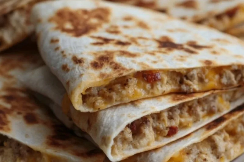 Delicious cheesy ground chicken quesadillas served on a plate with toppings.