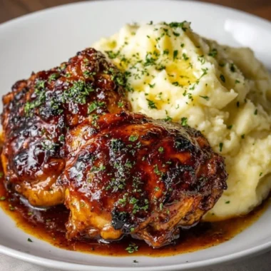 Plate of Chipotle Honey Chicken Thighs with Smoked Gouda Mashed Potatoes