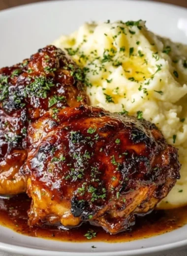 Plate of Chipotle Honey Chicken Thighs with Smoked Gouda Mashed Potatoes