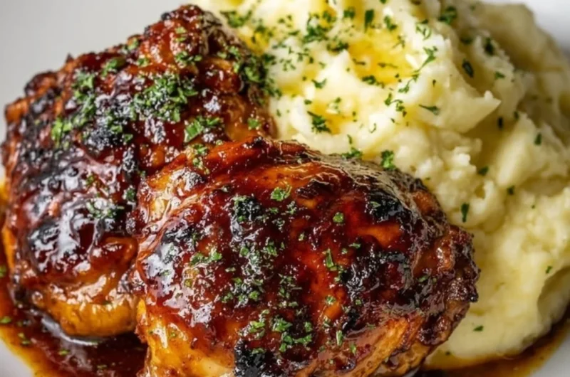 Plate of Chipotle Honey Chicken Thighs with Smoked Gouda Mashed Potatoes