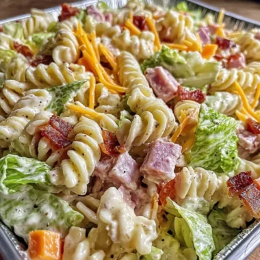Creamy club sandwich pasta salad served in a bowl with fresh ingredients.