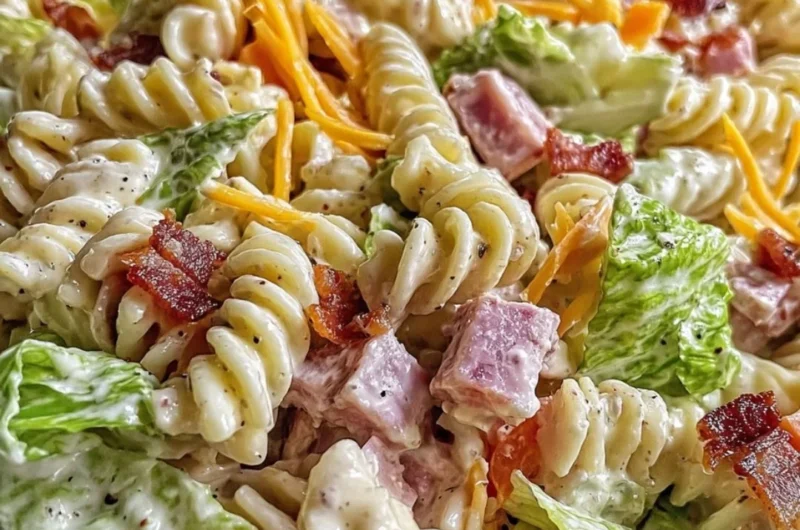 Creamy club sandwich pasta salad served in a bowl with fresh ingredients.